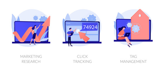 Online analytics icons set. Social network business development, strategy building. Marketing research, click tracking, tag management metaphors. Vector isolated concept metaphor illustrations.