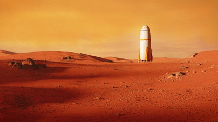 Wall Mural - landscape on planet mars, rocket landing on the red planet