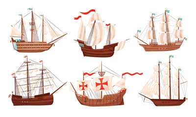 Wall Mural - vintage sailing ships collection, old wooden boats with white sails vector illustration