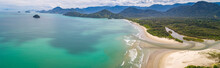 Aerial View Panorama Of Green Coast Shoreline With Turquoise Water, Beach, River And Green Mountains, Brazil