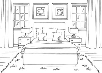 Bedroom graphic black white home interior sketch illustration vector