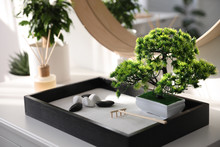Beautiful Miniature Zen Garden On White Table Indoors