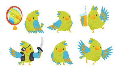 Wall Mural - cute funny parrot cartoon character collection, adorable bird in different situations vector illustr