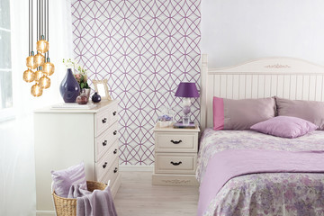 purple bedroom interior design concept and modern lamp