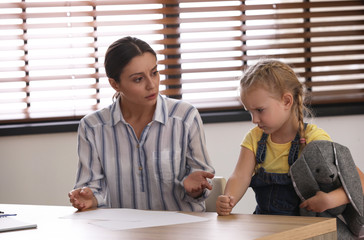 Wall Mural - Little girl and her mother on appointment with child psychotherapist indoors