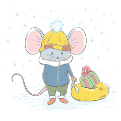 Wall Mural - Lovely cute cheerful mouse with gifts on a sleigh.