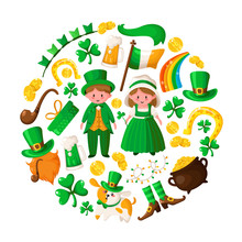 Saint Patricks Day Cute Boy And Girl In Green Retro Costumes, Cartoon Shamrock, Leprechaun, Pot Of Gold Coins, Smoking Pipe, Bowler Hat, Beer, Gift, Horseshoe, Irish Flag, Vector Set Isolated On White