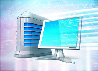 Poster - Modern Computer Technology. Blue background with electronic circuit. 3d illustration