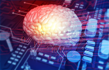 Poster - Circuit board with human brain. Abstract artificial intelligence. 3d illustration