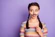 Photo of funny childish lady holding fake paper moustache mouth acting like guy masquerade party wear casual striped t-shirt isolated pastel purple color background