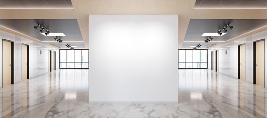 Aufkleber - Blank wall in marble and wooden office mockup with large windows and sun passing through 3D rendering