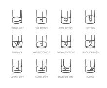 Shirt Cuffs Types Flat Line Icons Set. One Button, French Cuff, Turnback Sleeves Vector Illustrations. Outline Pictogram For Menswear Store. Pixel Perfect 64x64. Editable Strokes