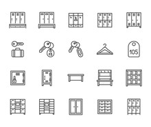 Locker Room Flat Line Icons Set. Gym, School Lockers, Automatic Left-luggage Office, Key Tag Vector Illustrations. Outline Pictogram Personal Belongings Storage. Pixel Perfect 64x64. Editable Strokes