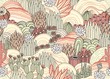 Cacti and succulents on outdoor, floral landscape, seamless pattern, environment. Vector hand drawn illustration in vintage style, colorful print.