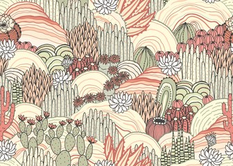 cacti and succulents on outdoor, floral landscape, seamless pattern, environment. vector hand drawn 