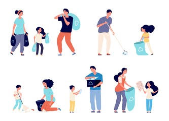 Sticker - Families collect garbage. Men women and kids sorting recycling waste. People cleaning environment nature. Isolated vector family characters. Illustration collect garbage and recycling pollution