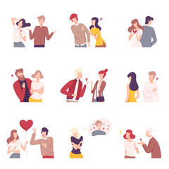 Wall Mural - Man and Woman Experiencing Unrequited Feelings Set, One Sided or Rejected Love Flat Vector Illustration