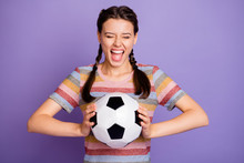 Crazy Funny Teen Girl Hold Soccer Ball Visit Final League Championship Game Support Her Team Shout Go Go Go Wear Modern Youngster Clothes Isolated Over Purple Color Background