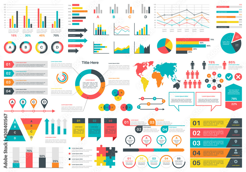 Infographics charts. Financial analysis data graphs and diagram, marketing statistic workflow modern business presentation elements vector set - obrazy, fototapety, plakaty 