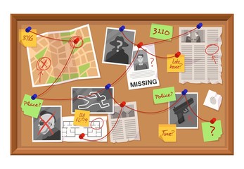 Investigation board. Crime evidence connections chart, pinned newspaper and photos. Research scheme on detective board vector concept