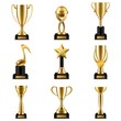 Trophy cup. Realistic golden trophy cups and prize in different shapes, triumph champions, celebration sports winner awards vector set