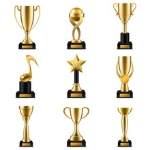Trophy Cup. Realistic Golden Trophy Cups And Prize In Different Shapes, Triumph Champions, Celebration Sports Winner Awards Vector Set