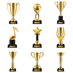 Wall Mural - trophy cup. realistic golden trophy cups and prize in different shapes, triumph champions, celebrati
