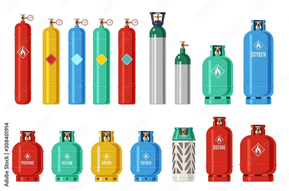 Gas cylinders. Lpg propane container, oxygen gas cylinder and canister. Fuel storage liquefied compressed gas high pressure vector set - obrazy, fototapety, plakaty 