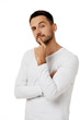 © Rychko Yevhen - portrait of doubtful bearded man in casual white shirt asking questions isolated on white background.