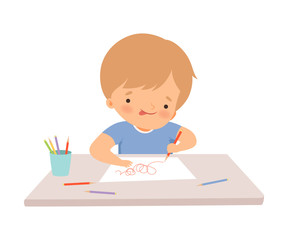 Wall Mural - Boy Sitting at the Desk and Drawing Picture with Pencils, Cute Young Artist Cartoon Character, Kids Creative Hobby Vector Illustration