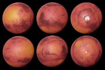 Wall Mural - planet mars, the red planet from all sides isolated on black background
