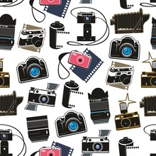 Photo Equipment Cameras And Lens Seamless Pattern. Vector Digital And Retro Photocameras, Film Cartridges Or Rolls And Flashes. Professional Photo Studio Symbols, Photoshoot Media Or Multimedia Tools