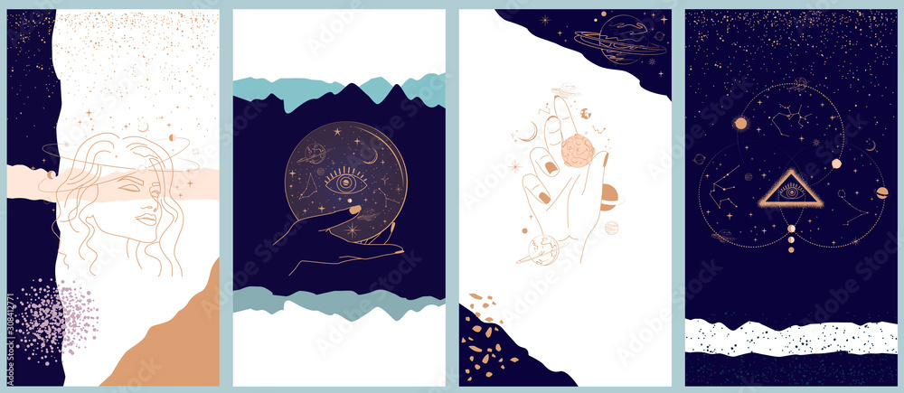Collection of space and mysterious illustrations for Mobile App, Landing page, Web design in hand drawn style. Magic, occultism and astrology concept. Objects in the style of one line style. - obrazy, fototapety, plakaty 