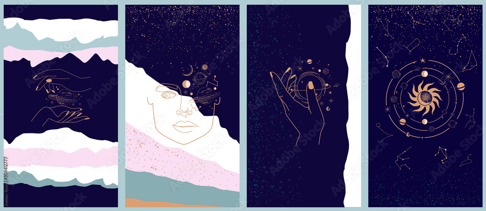 Collection of space and mysterious illustrations for Mobile App, Landing page, Web design in hand drawn style. Magic, occultism and astrology concept. Objects in the style of one line style. - obrazy, fototapety, plakaty 