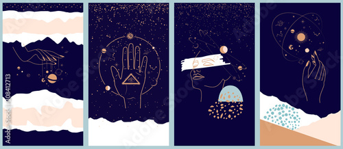 Cuadros en Lienzo Collection of space and mysterious illustrations for Mobile App, Landing page, Web design in hand drawn style