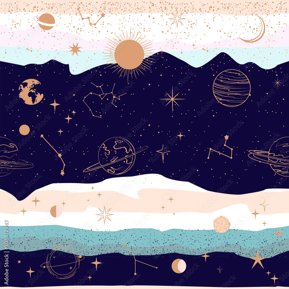 Seamless pattern with Astrology and Space concept. Minimalistic objects made in the style of one line. Editable vector illustration. - obrazy, fototapety, plakaty 