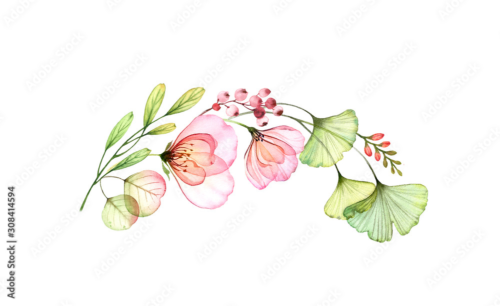 Watercolor rose arch isolated on white. Transparent flowers and leaves in half wreath composition. Botanical floral illustration for wedding invitations, stationery, greeting cards.  - obrazy, fototapety, plakaty 