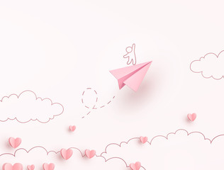 Hearts with plane postcard. Paper flying airplane on pink sky background. Vector symbols of love for Happy Women's, Mother's, Valentine's Day greeting card design.