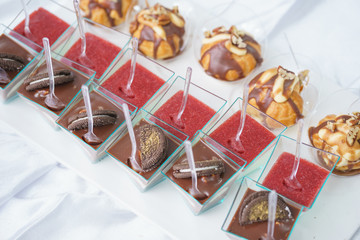 Sweet little desserts cakes in different colors on a plate prepared for the guests of the event.