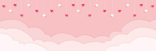 Valentinstag - Hintergrund In Papierschnitt, Wolken Und Herzen Hängen Von Der Decke Banner In Pink