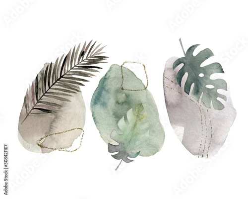 Fotografía Geometric poster with watercolor and marble elements on white background