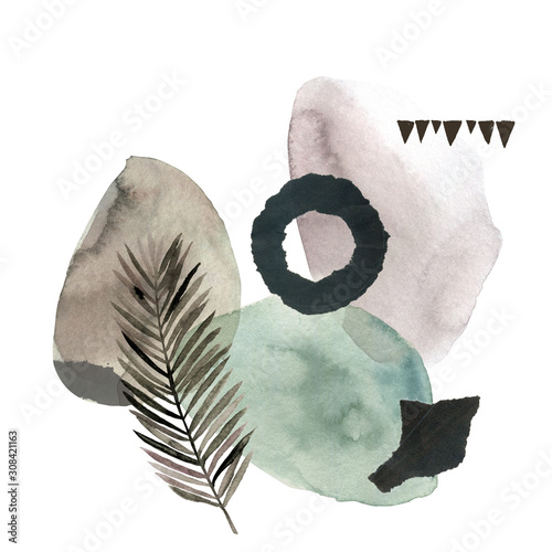 Geometric poster with watercolor and marble elements on white background. Abs...