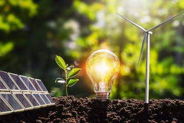 Wall Mural - concept idea clean energy in nature. lightbulb with solar panel and wind turbine on soil
