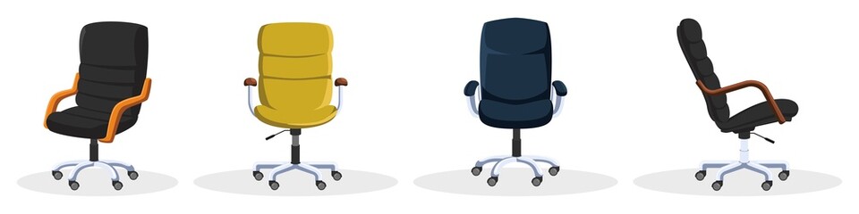 Set with rolling office chairs, armchairs in different colors blue, yellow, black from artificial leather. Front, side, thee quater view. Furniture items for work or home. Vector isolated on white.