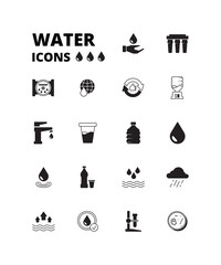 Poster - Water drops icon. Refreshing liquids recycling rain plastic bottles with fresh drinks splashes cooler vector symbols set. Illustration liquid water, purified and clean aqua