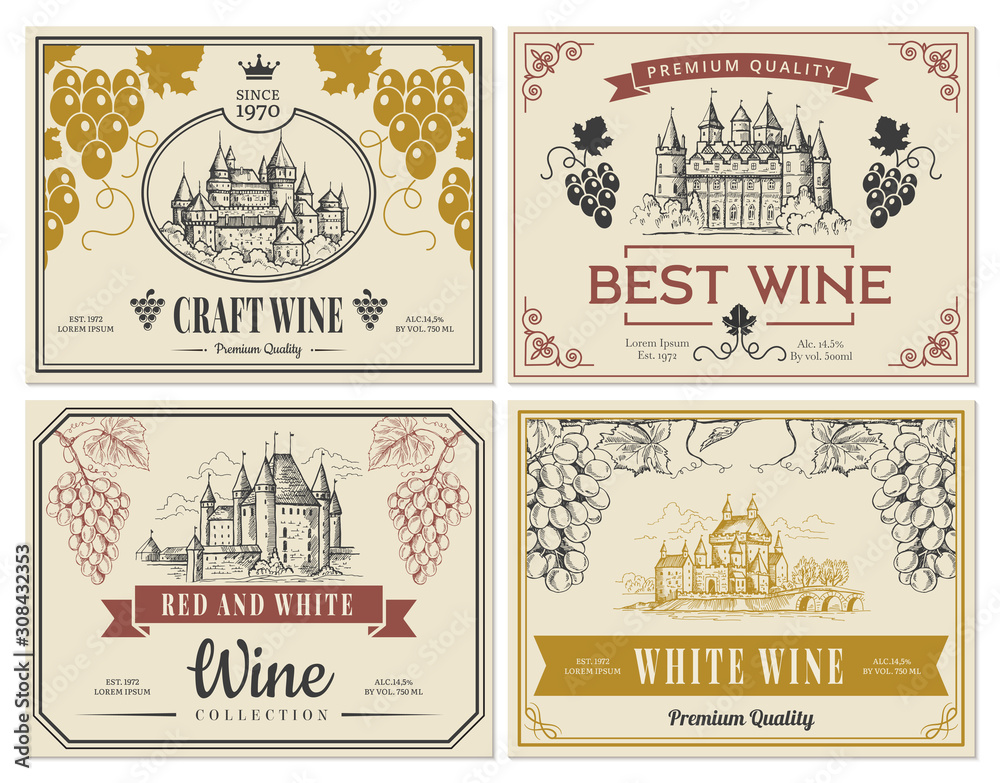 Wine labels. Vintage images for labels old medieval castles and towers architectural objects vector template. Illustration wine sticker vintage traditional - obrazy, fototapety, plakaty 