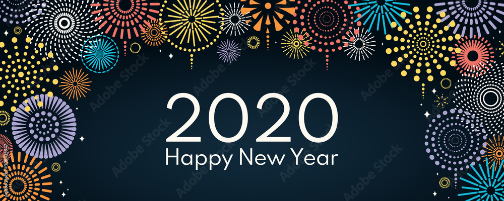 Vector illustration with bright colorful fireworks on a dark blue background, text 2020 Happy New Year. Flat style design. Concept for holiday celebration, greeting card, poster, banner, flyer. - obrazy, fototapety, plakaty 