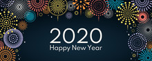 Vector Illustration With Bright Colorful Fireworks On A Dark Blue Background, Text 2020 Happy New Year. Flat Style Design. Concept For Holiday Celebration, Greeting Card, Poster, Banner, Flyer.