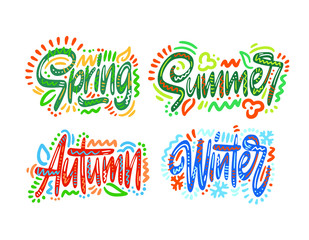 Wall Mural - Spring, summer, autumn, winter. Seasons. Hand Lettering word. Handwritten modern brush typography sign. Greetings for icon, logo, badge, cards, poster, banner, tag. Colorful Vector illustration