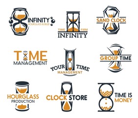 Poster - Clock shop, hourglasses symbols of time and infinity isolated icons. Vector timemanagement and sand clock icons, sandglass store. Vintage countdown signs, time is money emblem, timer retro watch